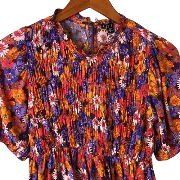 Vero Moda Multicolor Floral Peplum Smocked Top Ruffle Tie Sleeve Keyhole Back - Picture 5 of 15